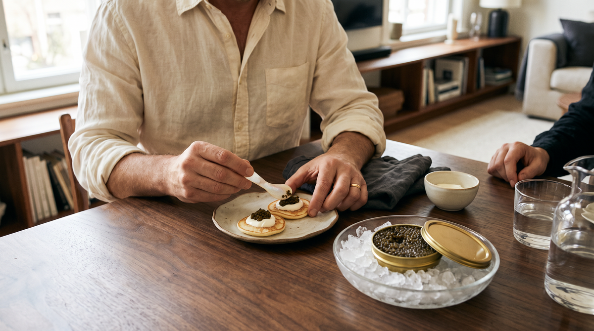 Preparing blini with caviar and crème fraîche at home, with a chilled caviar tin on the table