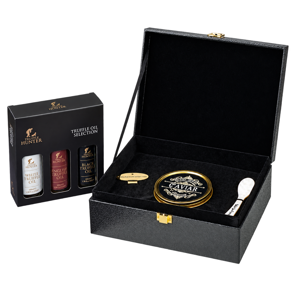 Black Jewel Caviar gift box with caviar tin, opener, mother-of-pearl spoon and truffle oil selection