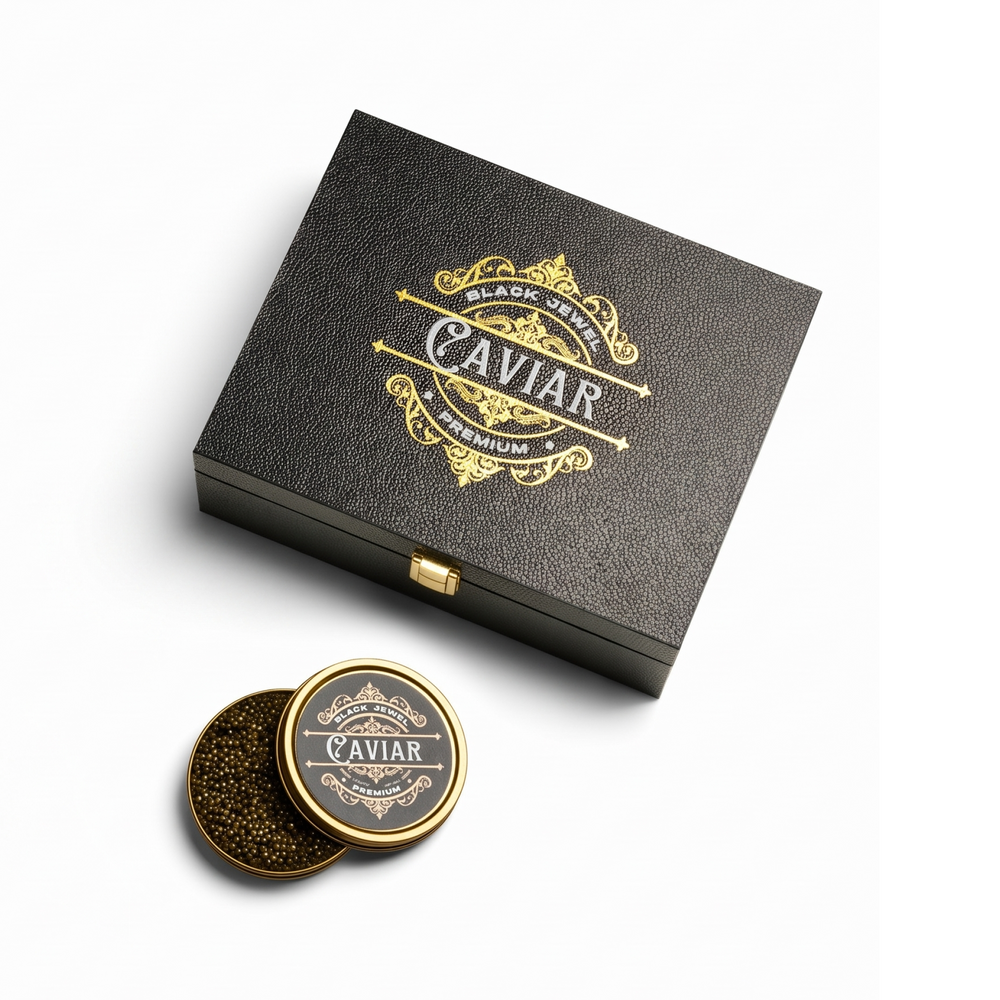 Kaluga Hybrid Caviar Gift Box with original ornate packaging, centered on white