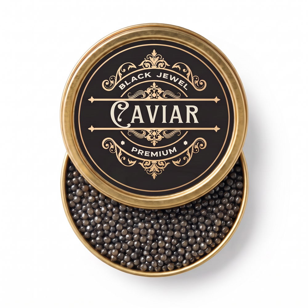 American Paddlefish Caviar, centered overhead tin and original ornate lid