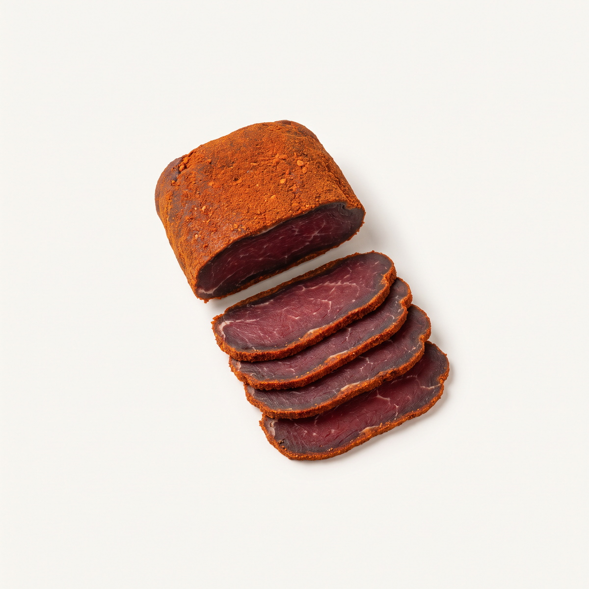 a small piece of cured beef basturma and five thin overlapping slices, deep burgundy interior, dense orange-red fenugreek paprika spice crust