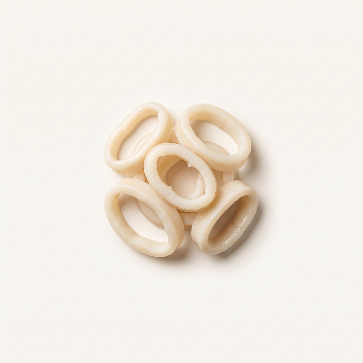 a small neat group of raw cleaned calamari rings, ivory white slightly translucent squid flesh, varied natural ring sizes, unbreaded and uncooked