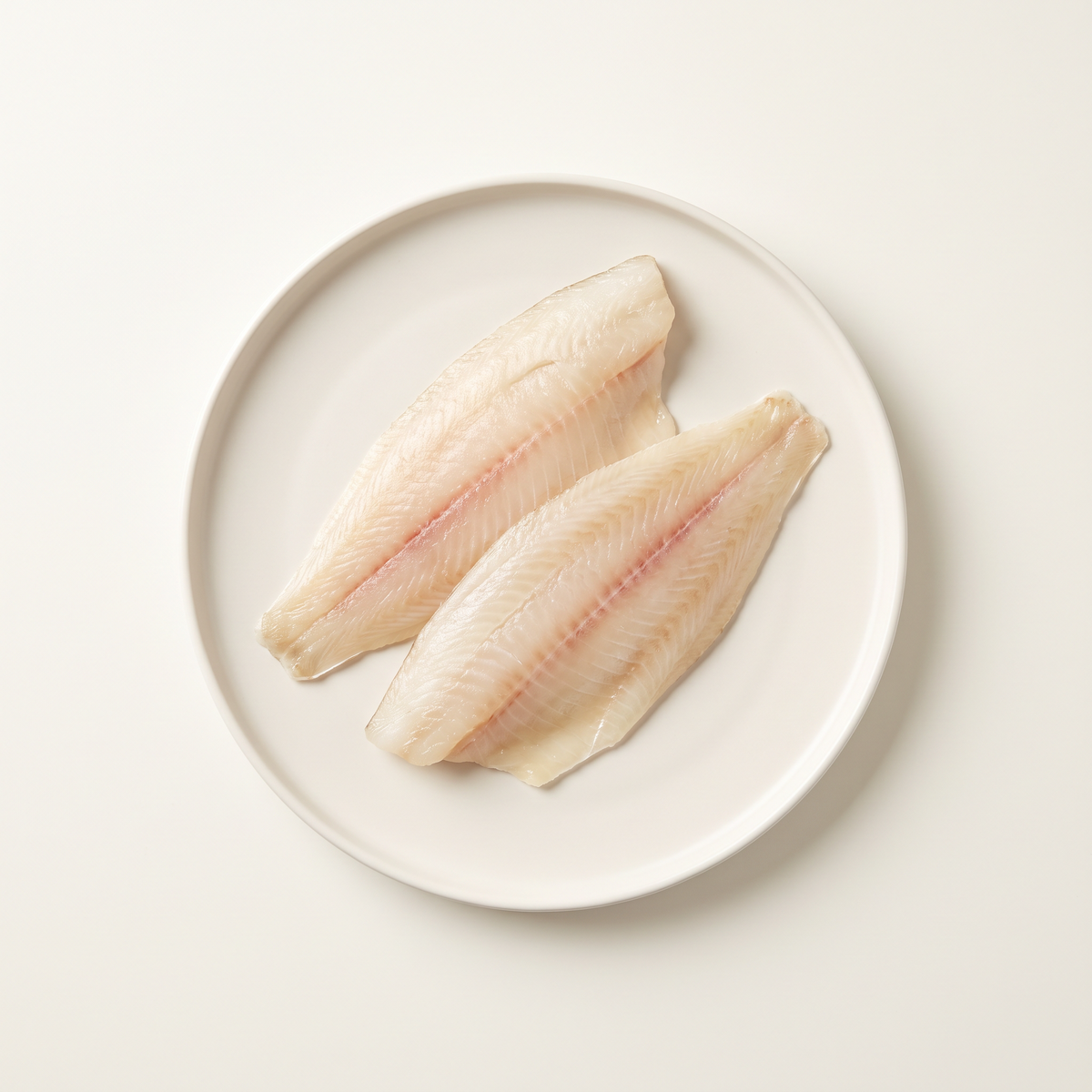 two raw boneless flounder fillets, thin tapered delicate pale ivory flesh, subtle pink traces and natural fine muscle structure