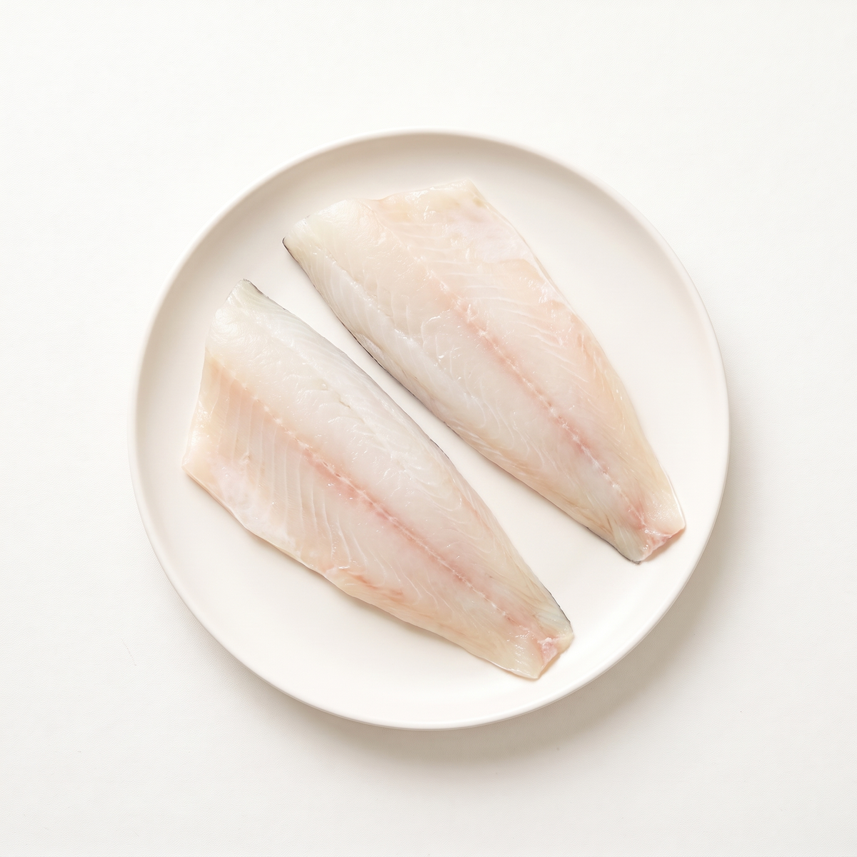 two fresh raw grouper fillets, thick pearl-white flesh with pale pink undertones, natural broad tapered shapes