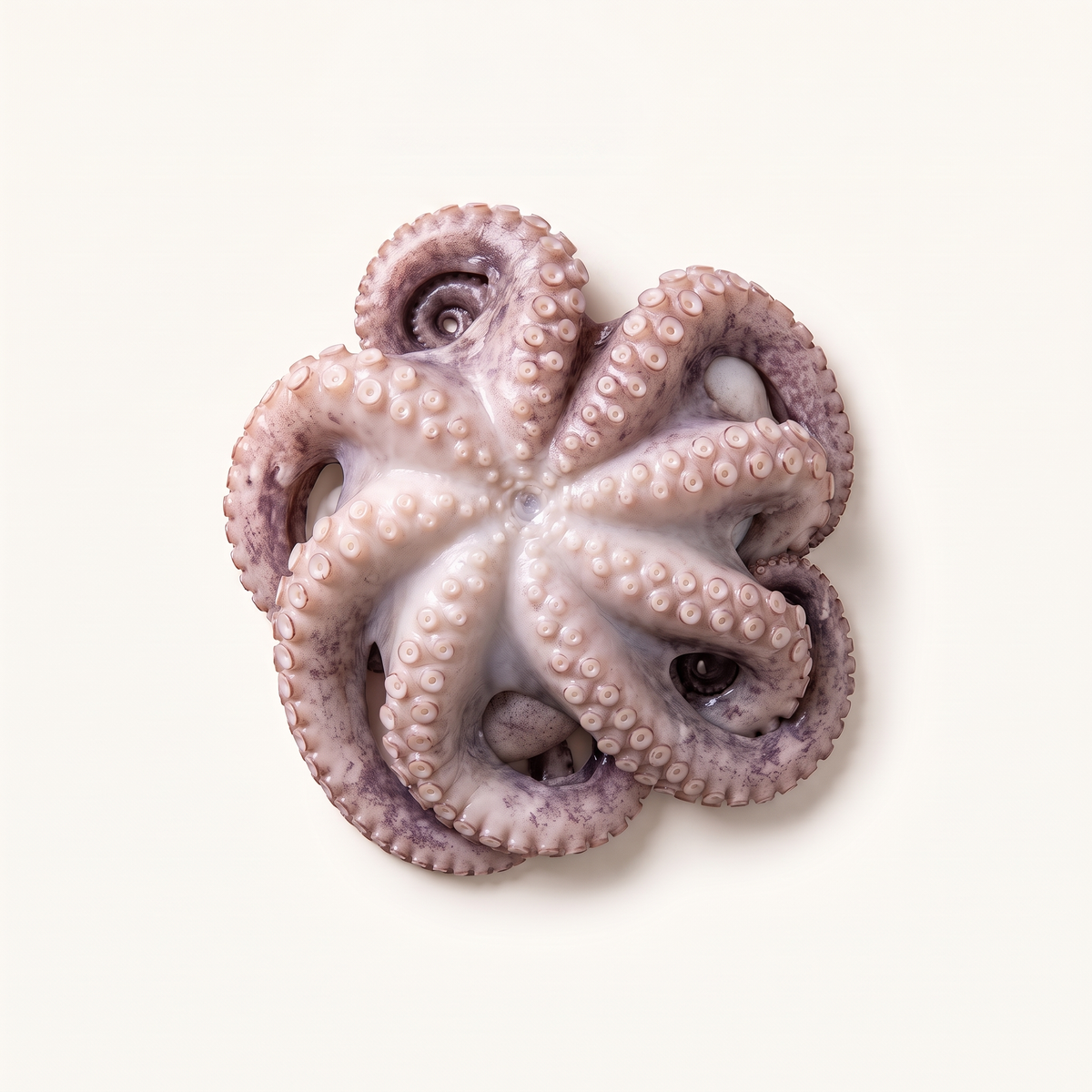 one cleaned raw Spanish octopus in a compact natural arrangement, pale grey-pink flesh with purple mottling, eight arms with natural rows of suction cups