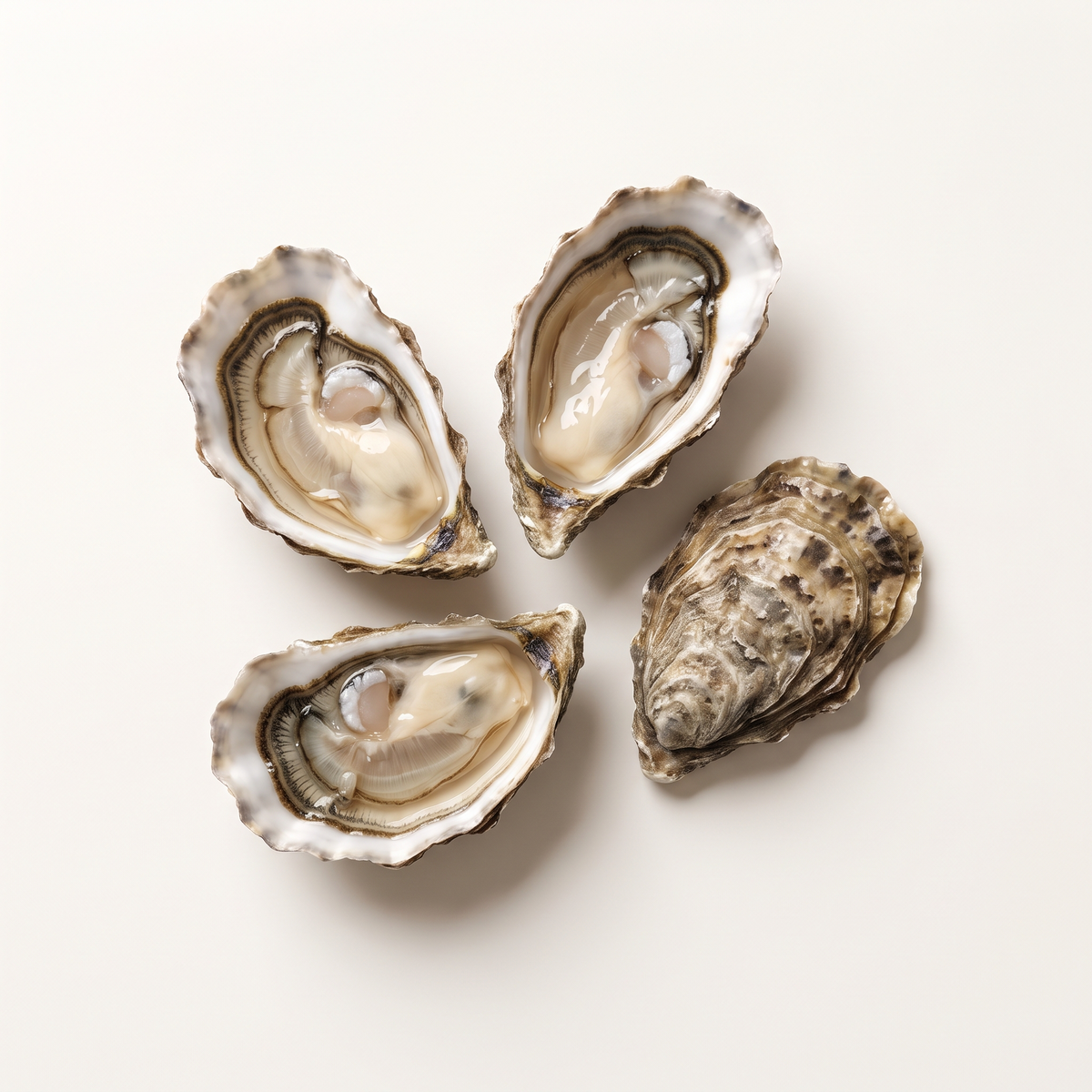 three fresh oysters on half shells and one closed oyster, irregular layered grey-brown shells, pearly wet ivory flesh and natural oyster liquor
