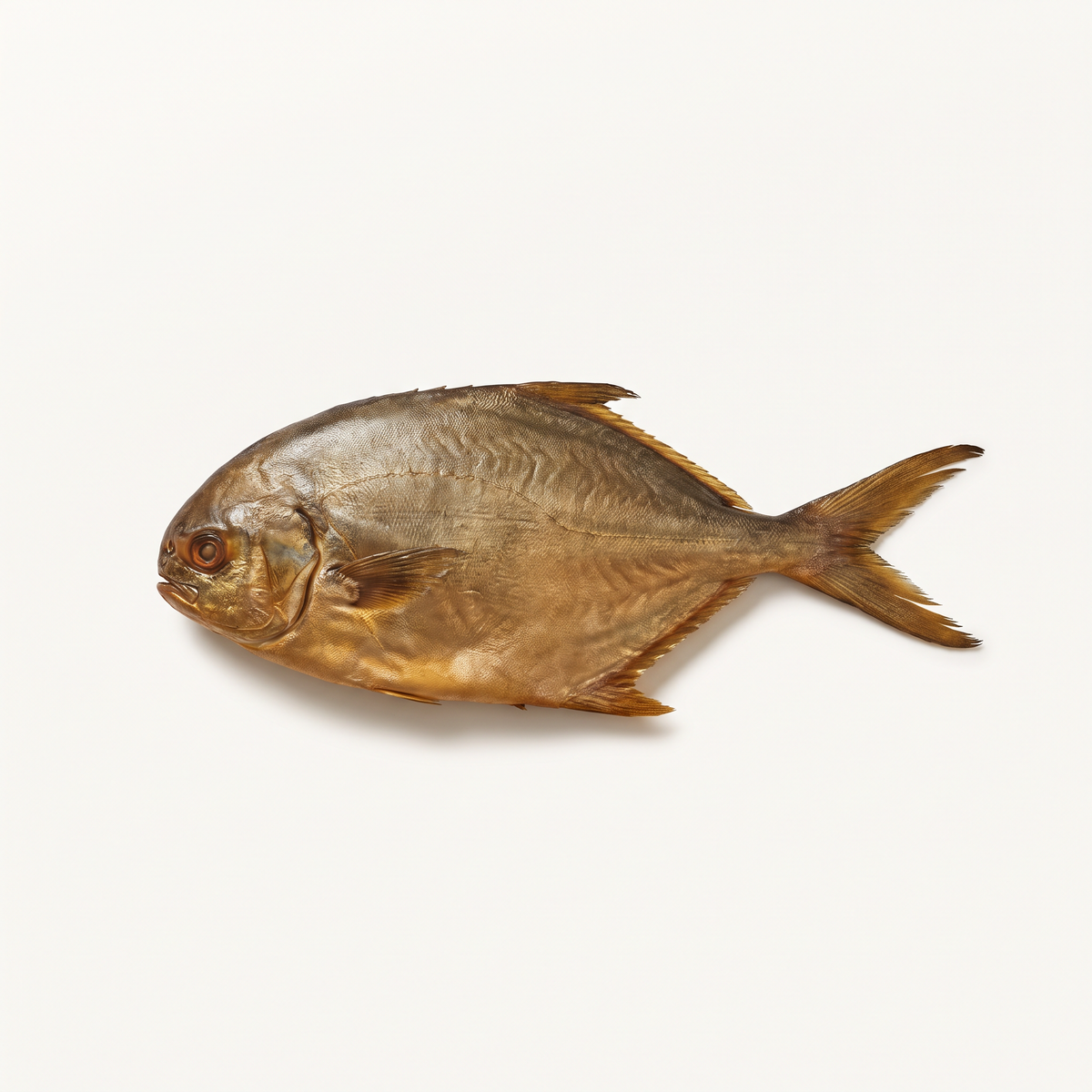 one whole hot-smoked pompano, deep oval compressed fish shape, bronze-golden smoked skin, forked tail, no garnish