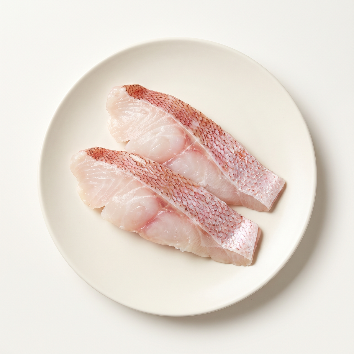 two raw red snapper fillets, pearl-white flesh with soft pink tones and visible red-pink scaly skin on one edge