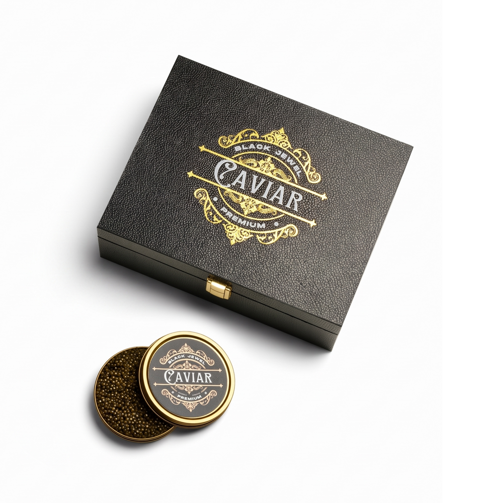 Siberian Caviar Gift Box with original ornate packaging, centered on white