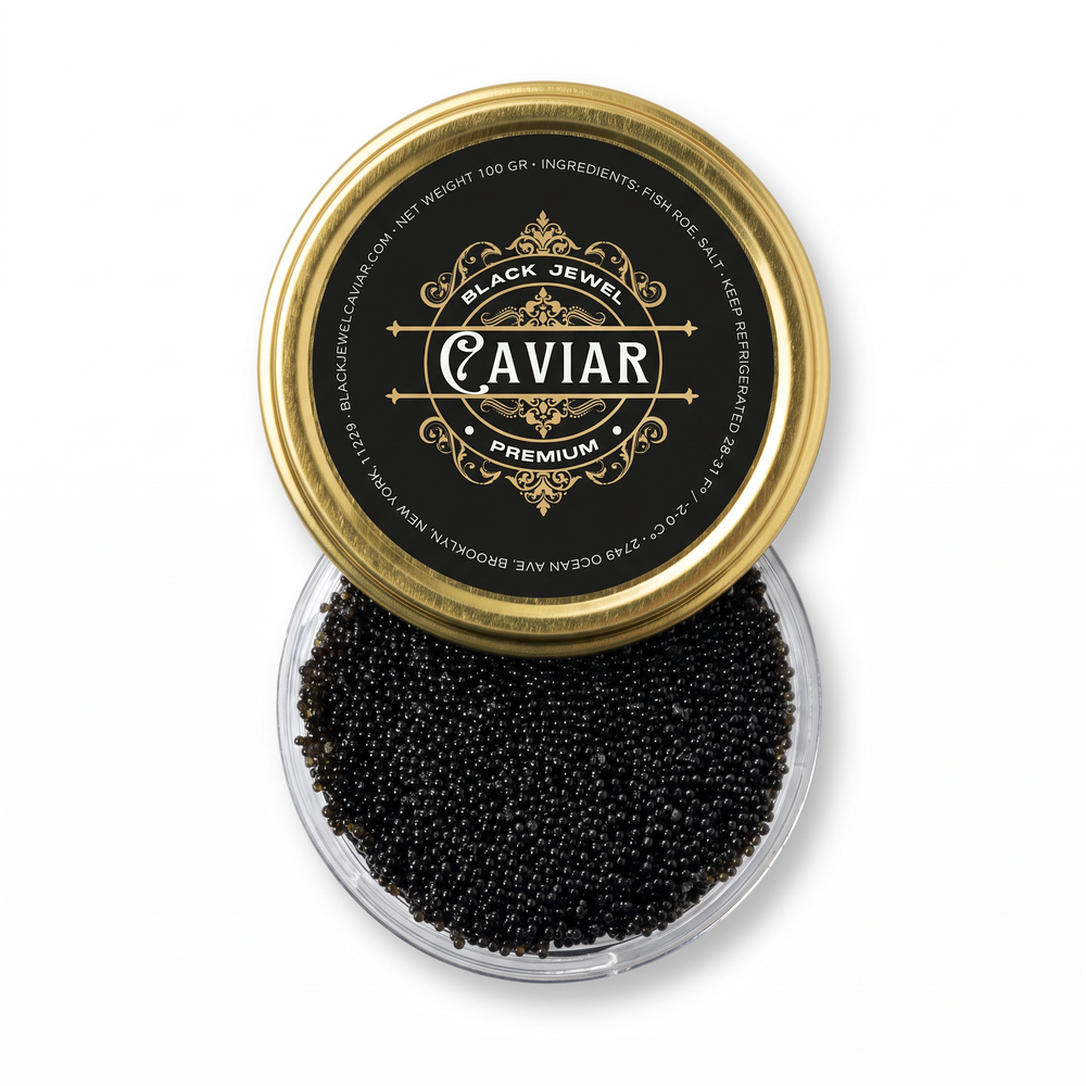 Black tobiko, 100 g, overhead clear container with gold Black Jewel lid