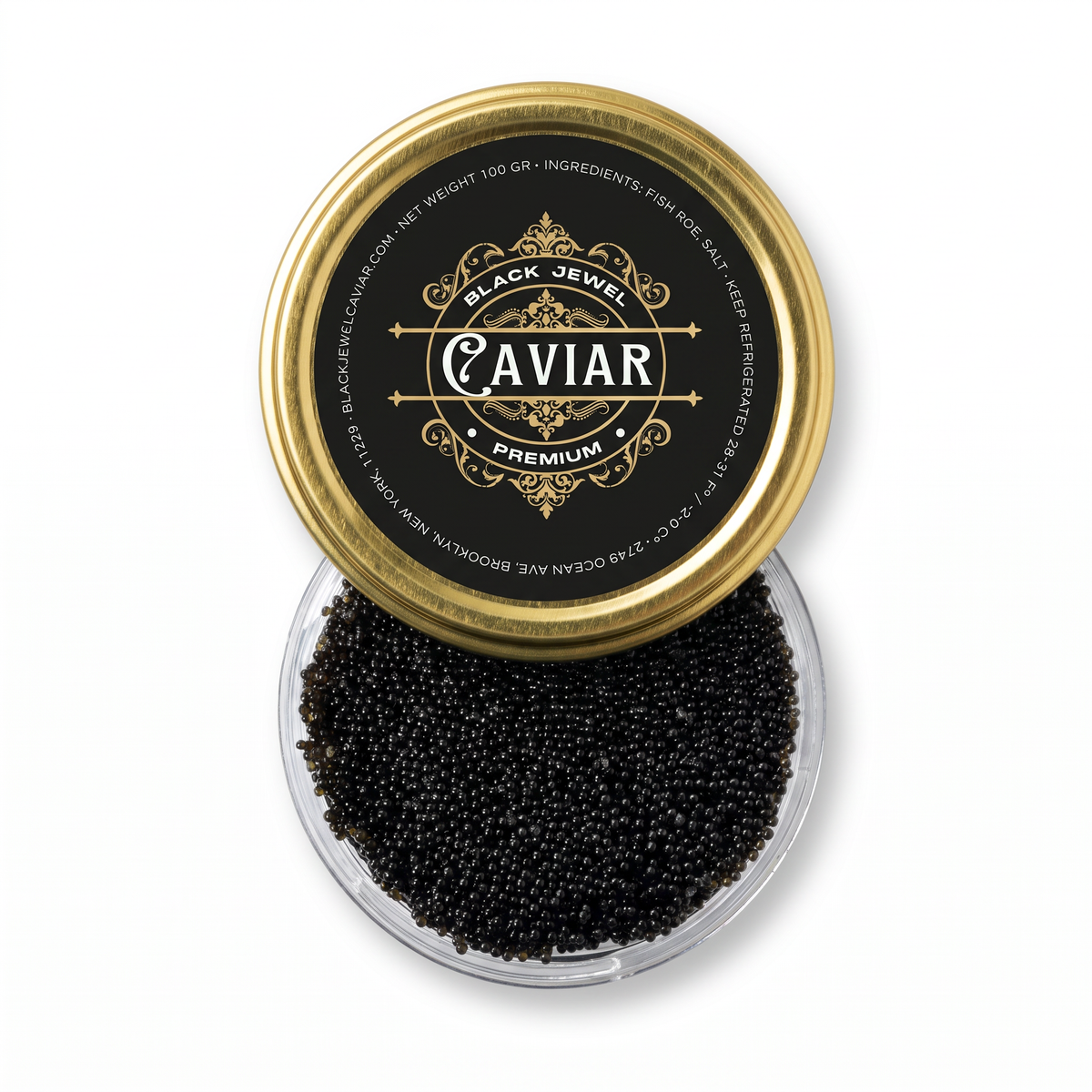Black tobiko, 100 g, overhead clear container with gold Black Jewel lid
