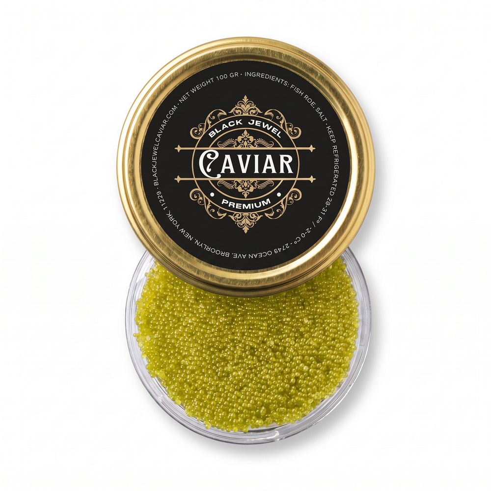 Green tobiko, 100 g, overhead clear container with gold Black Jewel lid