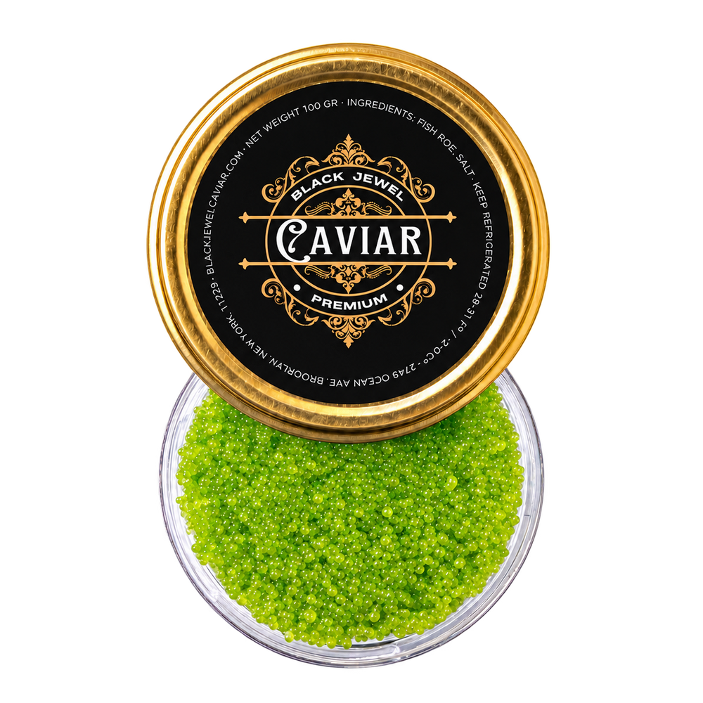 Green tobiko roe with an overlapping Black Jewel Caviar gold and black lid