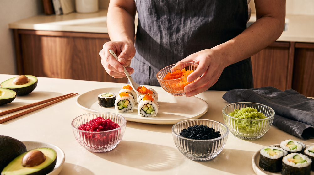 Making sushi at home with orange Tobiko, alongside red, black and green roe in clear crystal bowls