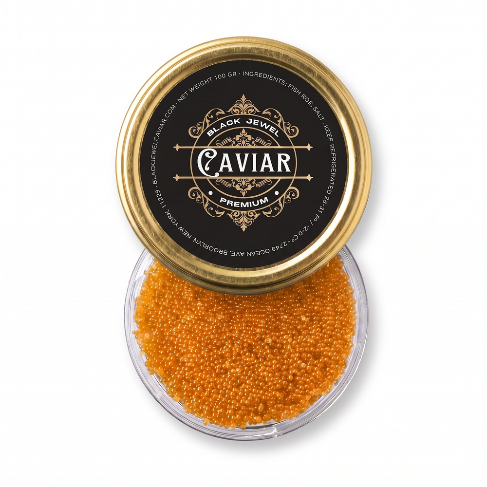 Orange tobiko, 100 g, overhead clear container with gold Black Jewel lid
