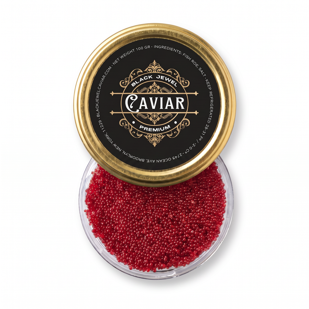 Red tobiko, 100 g, overhead clear container with gold Black Jewel lid