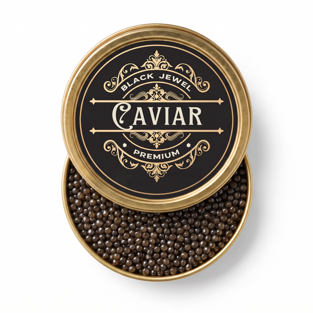 Siberian Caviar, overhead open tin with original ornate Black Jewel lid